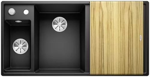 BLANCO AXIA III 6 S Silgranit czarny lewa, korek auto., InFino, deska jesionowa, odsączarka stalowa