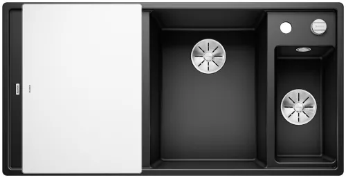 BLANCO AXIA III 6 S Silgranit czarny prawa, korek auto., InFino, deska szkło białe, odsączarka stalowa