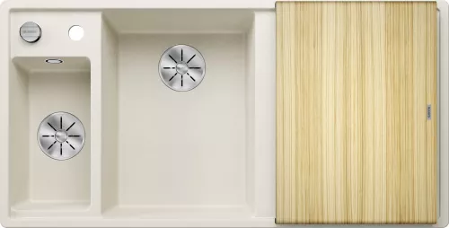 BLANCO AXIA III 6 S Silgranit delikatny biały lewa, korek auto., InFino, deska jesionowa, odsączarka stalowa