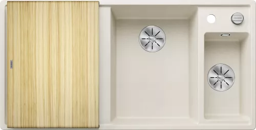 BLANCO AXIA III 6 S Silgranit delikatny biały prawa, korek auto., InFino, deska jesionowa, odsączarka stalowa