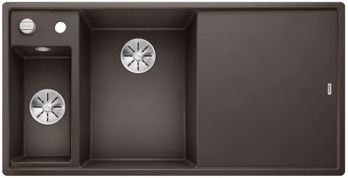 BLANCO AXIA III 6 S Silgranit kawowy lewa, korek auto., InFino, deska szkło białe, odsączarka stalowa