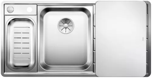 BLANCO AXIS III 6 S-IF stal polerowana lewa, korek auto., InFino, deska szkło białe, odsączarka stalowa