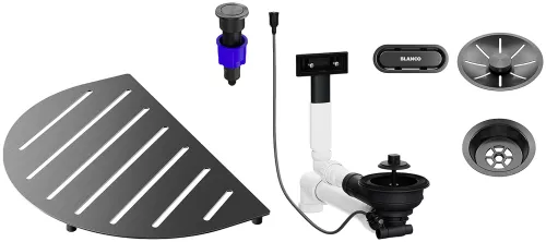 BLANCO Pakiet akcesoriów do zlewozmywaka OOVALON wraz z armaturą z korkiem automat., satin dark steel