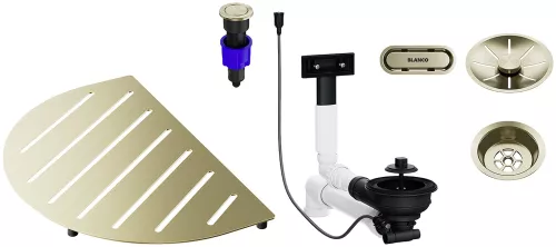 BLANCO Pakiet akcesoriów do zlewozmywaka OOVALON wraz z armaturą z korkiem automat., satin gold