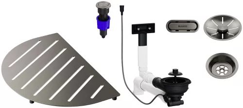 BLANCO Pakiet akcesoriów do zlewozmywaka OOVALON wraz z armaturą z korkiem automat., satin platinum