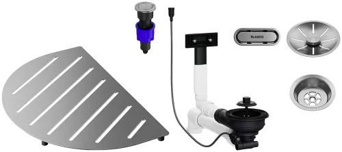 BLANCO Pakiet akcesoriów do zlewozmywaka OOVALON wraz z armaturą z korkiem automat., stal szczotkowana
